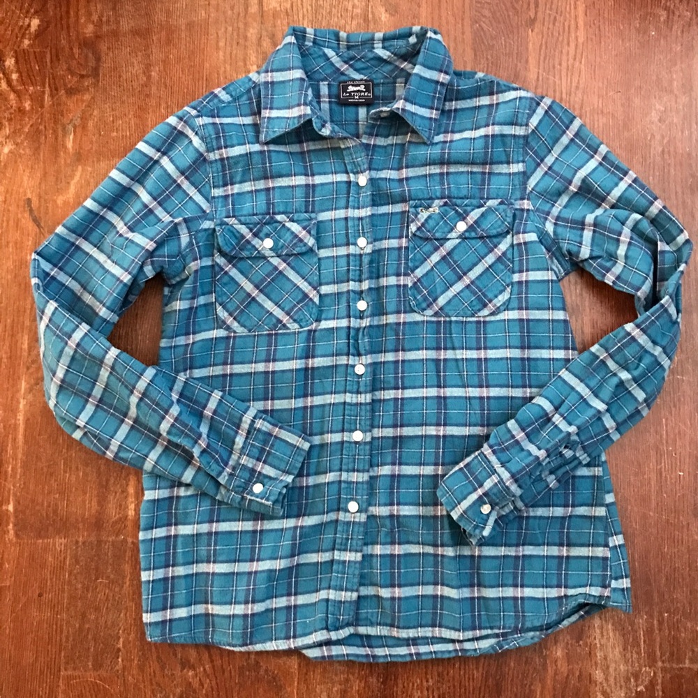 Le Tigre women's blue flannel. Size Medium.